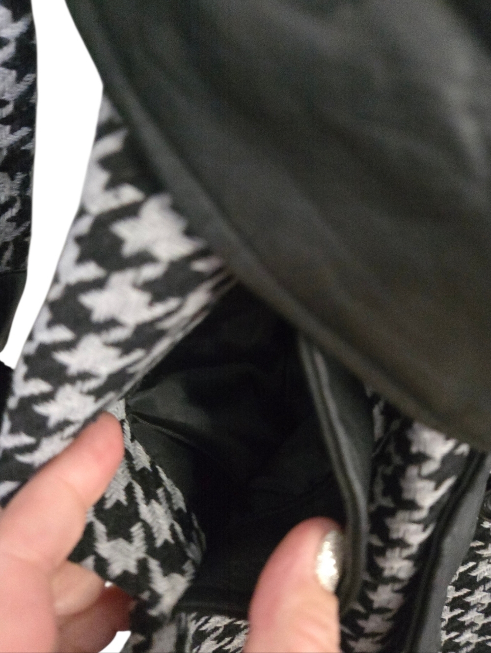 Y2K YOKI Houndstooth Belted Coat Black White Faux Leather Trim Medium - Picture 4 of 10